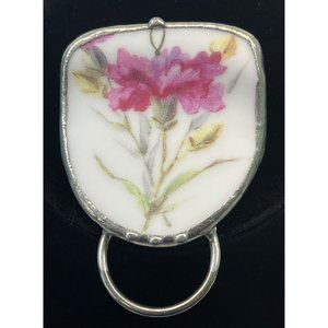 Floral Brooch Pin with Loop Porcelain Silver Tone Flower 2" Tall